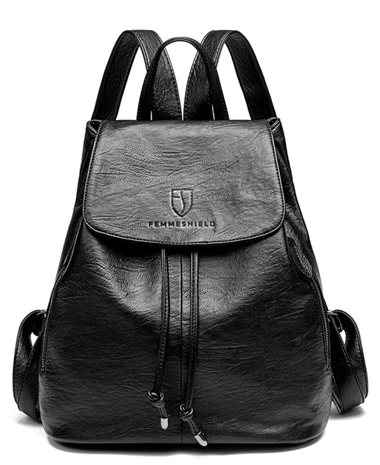 FemmeShield black vegan leather backpack — women's everyday backpack in black