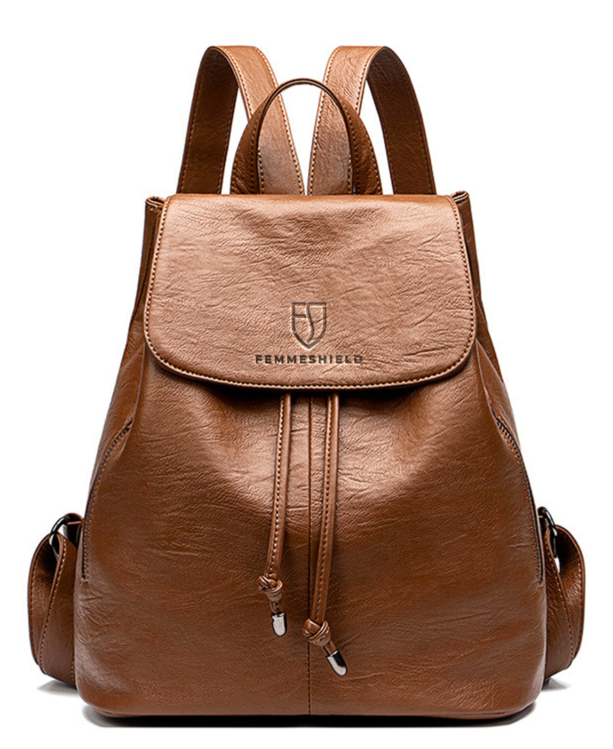 Women’s brown vegan leather backpack designed for everyday use with a clean, minimalist style
