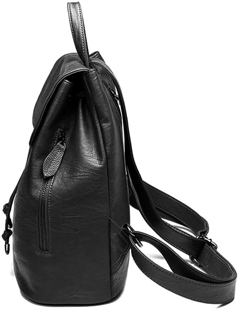 FemmeShield black vegan leather backpack — side view showing adjustable straps and zipper
