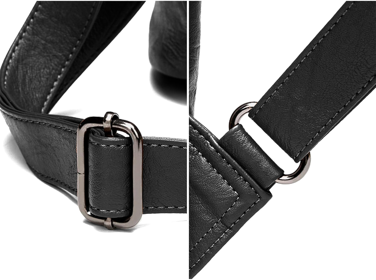 FemmeShield backpack adjustable strap detail — metal buckle and quality vegan leather stitching