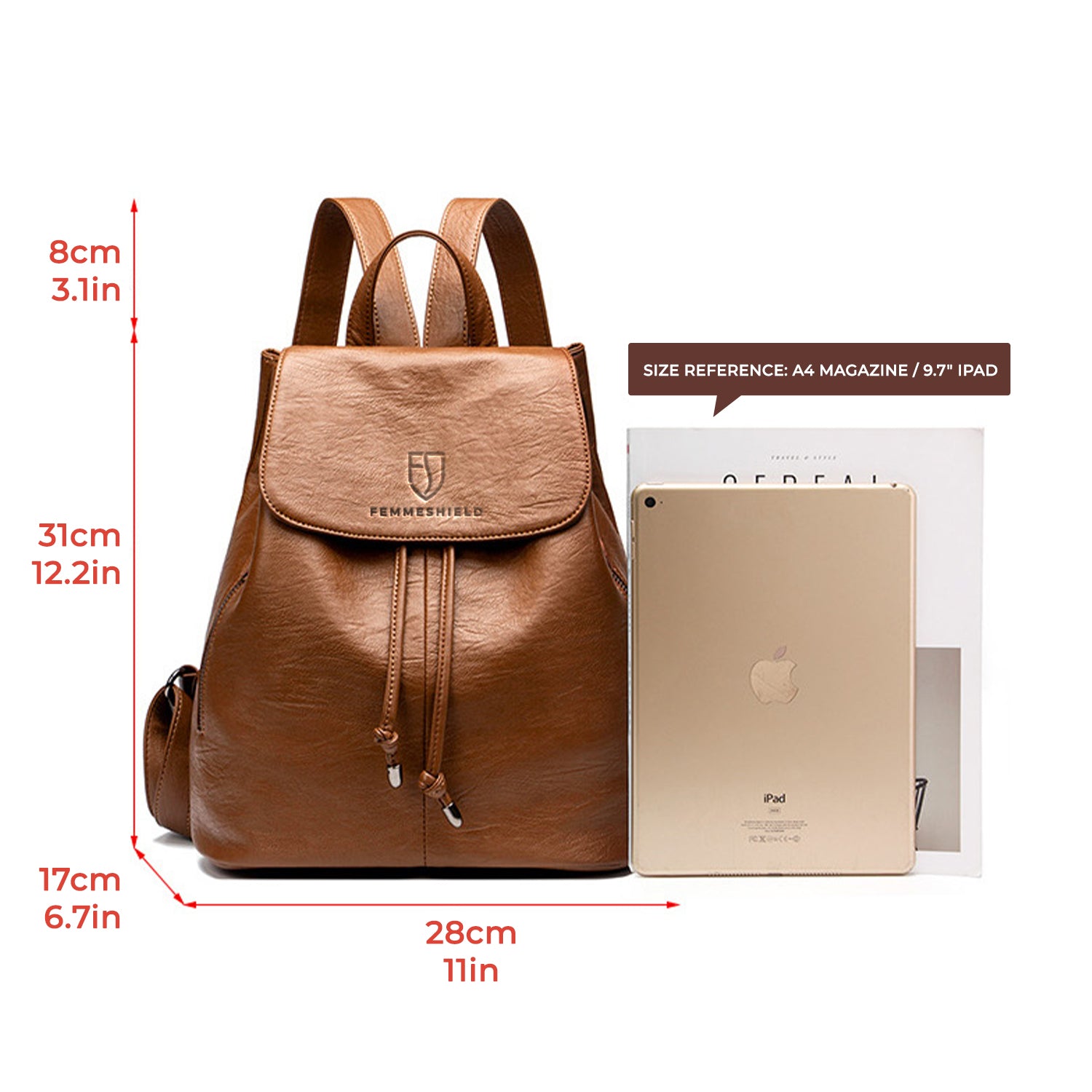 FemmeShield backpack size chart — 31x28x17cm, fits up to 9.7 inch tablet