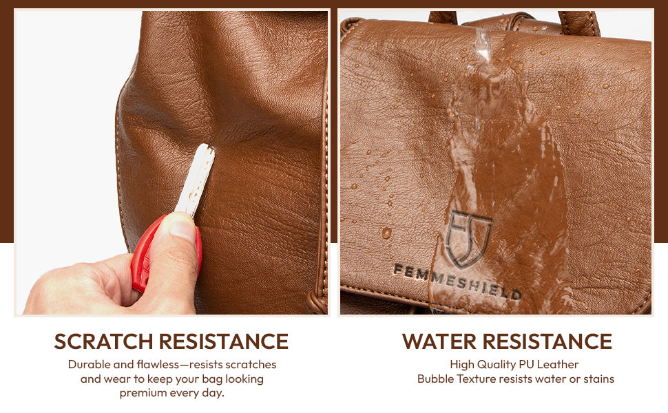FemmeShield vegan leather backpack — scratch resistant and water resistant finish